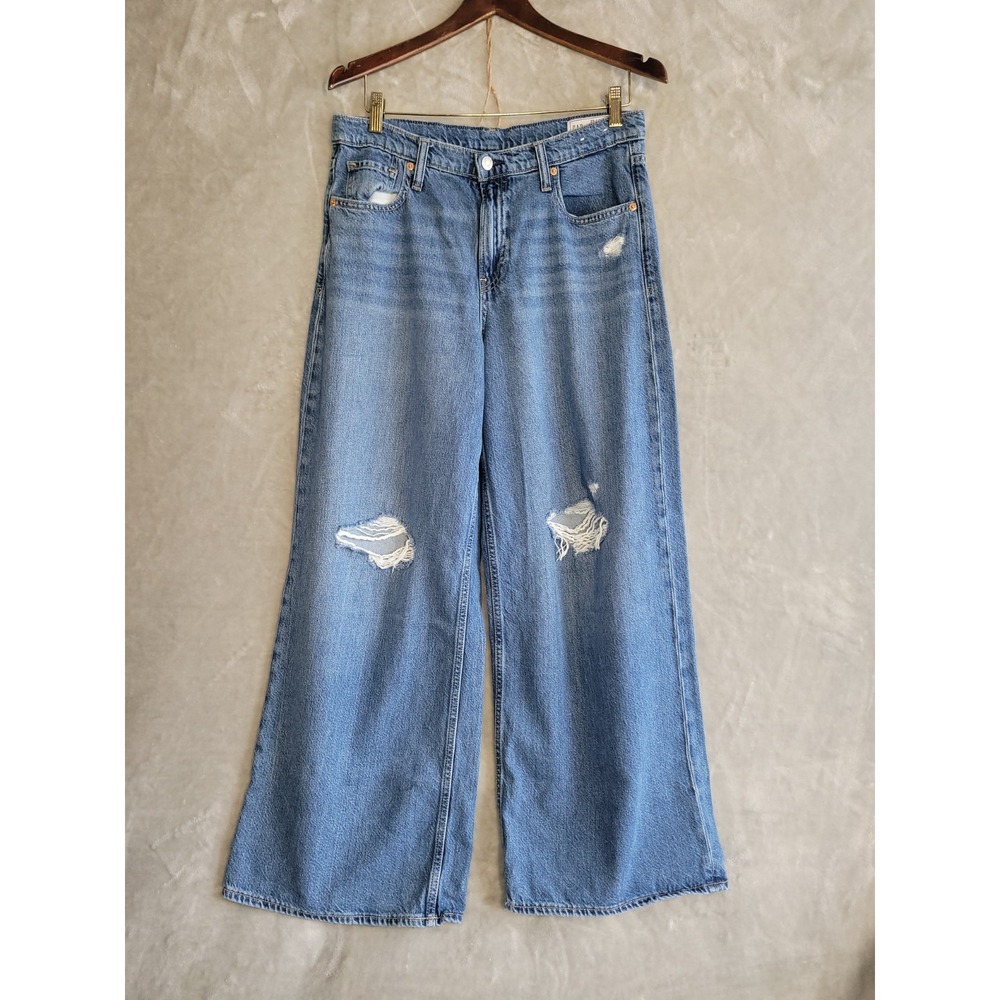 Gap Baggy Mid Rise Jeans Womens 29/8R Blue Medium Wash Wide Leg Distressed - Picture 2 of 8